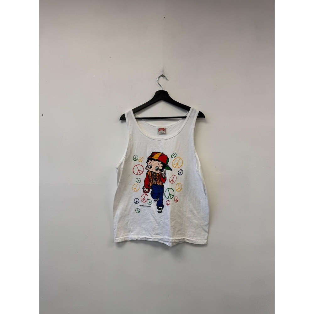 Vintage Betty Boop‎ Shirt Mens Medium White Tank Top Nutmeg Mills Peace Tee 90s